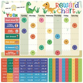 Reusable Magnetic Reward Chart with 128 Magnetic Behavior Stickers and 70 Reusable Star Stickers, Customizable Task Sections, Dry Erase Surface, Ideal for Toddlers and Young Children (Dinosaur)