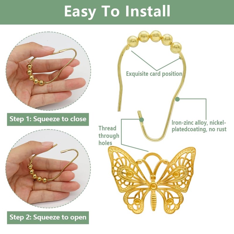 JZKaspar Decorative Shower Curtain Hooks,12PCS Butterfly Curtain Hooks Shower Ring,Rustproof