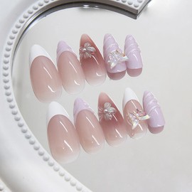 French Tip Press on Nails Medium Length Flower Fake Nails with Charms Butterfly False Nails Almond Shape Reusable French Acrylic Nails Butterflies Glue on Nails for Women Girls Manicure Art 24Pcs