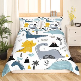 Kids Bedding Set, Cute Cartoon Dinosaur Pattern Comforter Cover for Boys Children Lovely Animal World Bedroom Decor Duvet Cover, Geometry Stripe Grid Printed Soft Microfiber Bedspread, Twin Size
