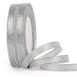Silver Glitter Ribbon 3/8 Inch, 25 Yards/Roll x 2 Rolls Sparkly Metallic Fabric Ribbons for Gifts Wrapping, Party Decoration, Wedding and Crafts.