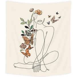 Abstract Woman Butterfly Fabric Wall Hanging Tapestry Minimalist Modern Flower Plant Mid Century Terracotta Aesthetic Portrait Beige Home Decor Art for Living Room Bedroom Dorm(L/150x200cm/60x80inch)
