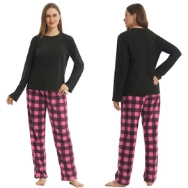 Winter Pyjamas Womens Pyjamas Set Ultra Soft Microfleece Long Sleeve Top & Fleece Checked PJs Bottoms Pyjamas for Women Lounge Wear Sets 2 Pieces