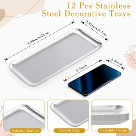 Vesici 12 Pcs Sliver Stainless Steel Decorative Tray Bulk 8.66 X3.82 Inches Rectangle Serving Vanity Tray Small Jewelry Makeup Decorative Storage Platter for Bathroom Napkin Dish Plate Tea Fruit