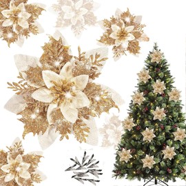 KYEDGC 20Pcs Gold Christmas Decorations, 10 Artificial Poinsettia Flowers with 10 Clips for Tree, Home, Party, Wedding, Festive Decor, 14 cm, Premium Material