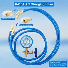 R410A Recharge Kit AC Charging Hose, R410A Manifold Gauge Set with R410A Mini Split Adapter 1/4 x 5/16, R134A Tank Adapter 1/4 SAE X 1/2, Low Pressure Manifold Gauge Hose 59’’