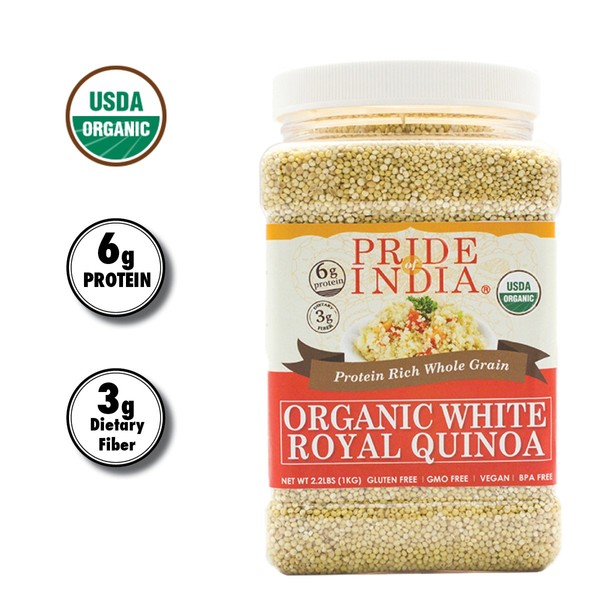 Pride Of India - Organic White Royal Quinoa - Superior Grade Whole Grain, 3.3 Pound (1.5 Kilo) Jar (2.2 Pound + 50% Extra Free = 3.3 Pounds Total)