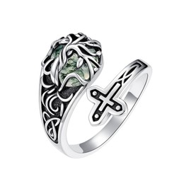 MEIDERBO Tree of Life Spoon Rings 925 Sterling Silver Vintage Tree of Life Cross Ring Adjustable Thumb Rings Moss Agate Jewelry Gifts for Men Women