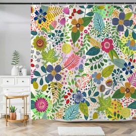 Aipon Colorful Floral Shower Curtain Boho Flower Green Leaf Shower Curtains for Bathroom Spring Wildflower Botanical Plant Bohemian Waterproof Fabric Bath Curtain Decor 72 X 72 Inches