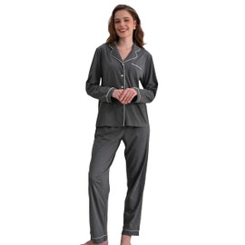 NAP BOUND 100% Cotton Pajamas for Women Set 2 Piece Gray S Button Down PJs Long Sleeve Soft Breathable Loungewear (Gray,S)