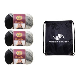 Lion Brand Scarfie Cream/Black 826-201 (3-Skeins - Same Dye Lot) Chunky Bulky #5 Acrylic, Wool Yarn for Crocheting and Knitting - Bundle with 1 Artsiga Crafts Project Bag