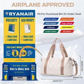 for Ryanair Airlines Underseat Cabin Bag 40X20X25 Weekend Overnight Carry on Holdall for Women Travel Duffel Sport Gym Tote Mum Hospital Bags with Wet Pocket,L11-Beige Brown