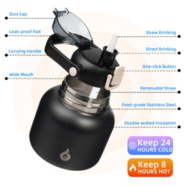 BJPKPK Insulated Water Bottles with Straw, 20 oz Cute Water Bottles with Handle, BPA Free Stainless Steel Metal Water Bottles, Easy Carry Thermos Water Bottle for Men & Women, Black