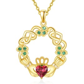 Dreamboat Sterling Silver Claddagh Necklace for Women Celtic Knot Irish Necklace Clover Shamrock Necklaces Gold Red Garnet January Birthstone Necklace Luck ST Patricks Day Jewelry Gift for Mom, Large,