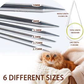 Modixun 6Pcs 100cm Circular Knitting Needles, 6 Sizes Stainless Steel Knitting Needles, Size 2.75mm 3.75mm 4.5mm 5.5mm 8mm 10mm