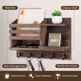 Nekon Key Holder for Wall, 11.8" x 7.8" x 3.1" Wooden Key and Mail Organizer Wall-Mounted, Key Rack with 5 Hooks for Entryway Hallway, Rustic Home Decor (Brown)