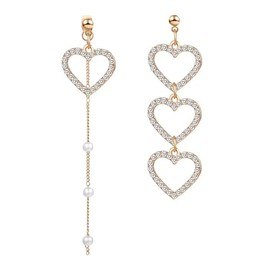 SALTY Women's Mis Match Heart Long Drop Earrings Long en Diamond Studded Dangler Bold and Chic Jewellery Piece Big Fashion Jewellery Skin Friendly Electroplated Alloy (Medium (2-5 cm)) (Gold)