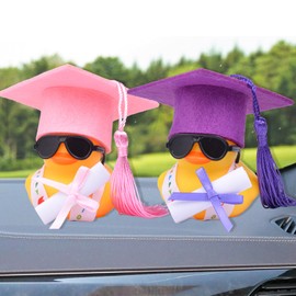 Mwmoeen Funny Academic Rubber Duck with Diploma, Pack of 2 Rubber Duck Car Dashboard Decoration with Graduation Hat Sash Glasses Sash, Bachelor Gift 2025 at Exams Graduation Party