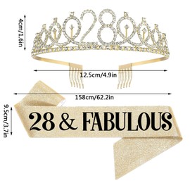UVATAHONA 28th Birthday Sash and Tiara for Women, 28 & Fabulous Birthday Sash and Crown for Party Favors Supplies and Decorations, Gold