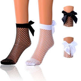 Miaband Fishnet Sheer Socks Bow Mesh Net Socks Elastic Hollow Short Socks for Women 2 Pairs (US, Alpha, One Size, Regular, Regular, Black White 1)