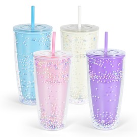 FECBK 24 oz Tumbler With Lid and Straw, Reusable Plastic Iced Coffee Cup with Beans, Leak-Proof, Double-Walled, 4 Pack