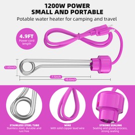 YOUTHTXY 1200W Immersion Water Heater, 304 Stainless Steel Bucket Water Heater, Fast Heating for Bathtub,Pool &Teapot Water, Heats 5 Gallons of Water in Minutes