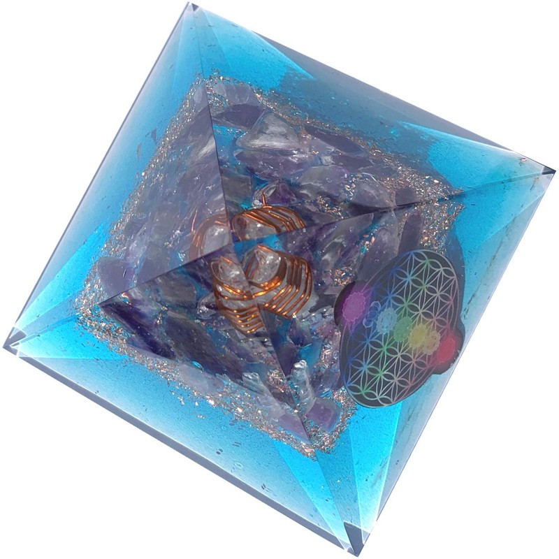 CHONIT Orgonite Pyramid, Chakra Mix Ocean Light Blue with Flower