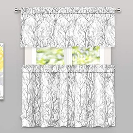 DriftAway Tree Branch Botanical Pattern Semi Sheer 3 Pieces Rod Pocket Kitchen Window Curtain Set with 2 Tiers 26 Inch by 36 Inch Each and 1 Valance 52 Inch by 18 Inch Gray White