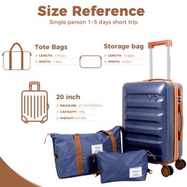 YANQIAO 20” Suitcase Set 3 Pcs, Airline Certified Luggage, Carry-on Luggage, Hard Shell Lightweight Luggage with Spinner Wheels (Luggage + 2 Travel Bags, Blue)