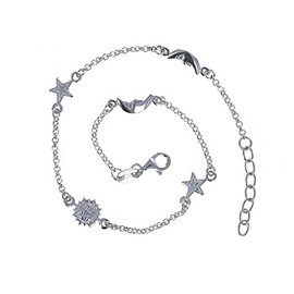 Mayas Gems Sterling Silver, Sun Moon and Star Anklet, Mini Rolo Chain, Celestial, Charm Anklet