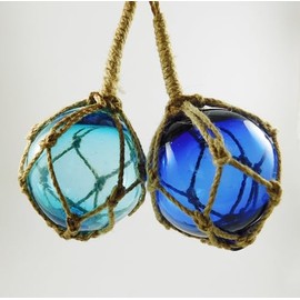 Glass Float Sea Fishing Buoy 2 x 3" / 7.5cm Dia With Rope Hangers Blue & Turquoise | 15216TB