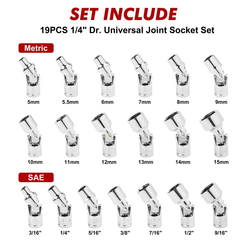 CASOMAN 19PCS 1/4" Drive Universal Joint Socket Set, Metric(5mm to