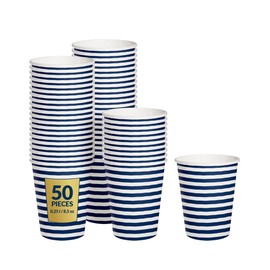 PAW - Disposable Paper Cups (8,5 oz, 50-Pack), Hot & Cold Paper Coffee Cups, Drinking Cups with Blue Stripes Theme for Party, BBQ, Garden Party, Picnic