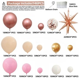 146PCS Rose Gold Balloons Arch Pastel Pink Metallic Gold Matte White Confetti Balloons for Wedding Bridal Shower Princess Party Girl Birthday Baby Shower Decorations