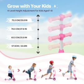 TONBUX Kids Scooter with Seat, 3 Wheels Scooter with PU Luminous, Kids Scooter with Non-Slip Handle and Wide Deck, Sensitive Brakes, 4-Level Adjustable Height Scooter, Ideal Gift for 3–8 Years Pink