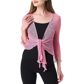 Prime Fashions Womens Plain Fish Net Bolero Shrug ¾ Long Sleeves Tie up Knitted Cropped Cardigan Top Lightweight Stretchy Open Blouse for Summer
