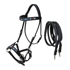 CHALLENGER Horse Western Black Leather Bitless Sidepull Beaded Bridle Reins 77RT23BK-F