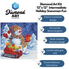DIAMOND ART BY LEISURE ARTS Holiday Snowman Fun, 12"X12", Intermediate Diamond Painting Kits for Adults, Art for Adults, Kit, Painting