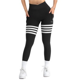 High Waist Workout Leggings with Phone Pockets, Black with White Stripes, Cross Wide Waistband (Medium Black)