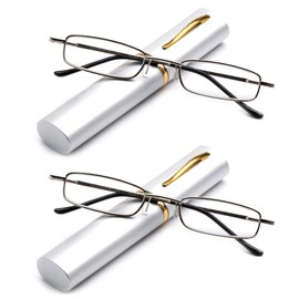 2 Packs Pocket Readers Ultra Slim Compact Tube Reading Glasses in Silver +2.00