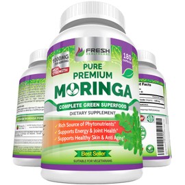 FRESH HEALTHCARE Moringa Capsules – 100% Pure Leaf Powder - 180 Pills, Non-GMO - 3 Month Supply - Complete Green Superfood for Energy, Skin, Immune & Gut Health Support