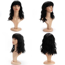 BERRYLION Wigs for Women|Short Bob Wig with Bangs|Synthetic Wavy Bob Wig With Air Bangs (Black)