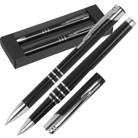 Metal Ballpoint Pen Set with Large Refill and Rollerball Pen 2 Writing Instruments in Cardboard Slipcase in Blue, Black, Silver or Red (Black)
