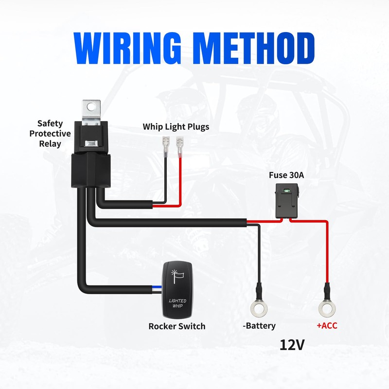 LKV Plug & Play UTV 360W Lighted Whip Wiring Harness