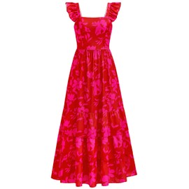 dowerme Summer Dresses for Women 2025 Casual Ruffle Smocked Tiered A-Line Boho Floral Maxi Beach Sun Dress with Pockets(Red Rose Red Flower,Medium)