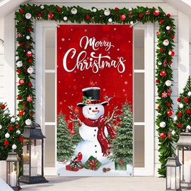 Irenare Christmas Front Door Cover Merry Christmas Door Decorations Red Snowman Xmas Tree Backdrop Banner Winter Holiday Background for Porch Wall Xmas Party Supplies, 70.9" X35.4"