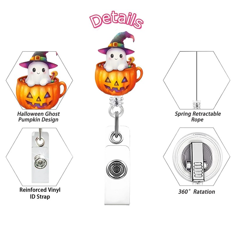 Cute Ghost Badge Reel Halloween Acrylic Badge Holder Retractable Clip