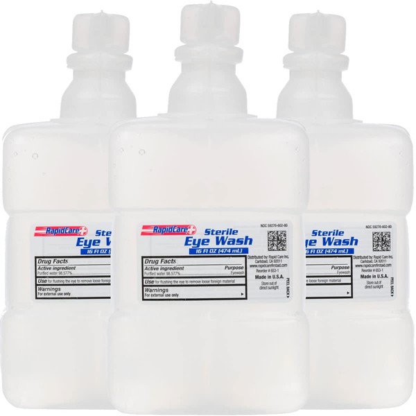 Rapid Care First Aid 653-3 Sterile Saline Isotonic Eye Wash Solution 16 oz, FDA Compliant, Pack of 3