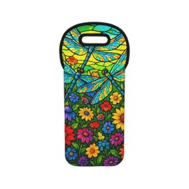 Queen of Wrap Vibrant Dragonfly Wine Tote Bag, Colorful Floral Insulated Carrying Sleeve, Gift for Wine Lovers