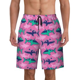 Mens Swim Trunks with Mesh Lining,Sharks on Pink Background Quick Dry Beach Board Shorts Swimsuit Pants Swimwear Bathing Suits 4XL